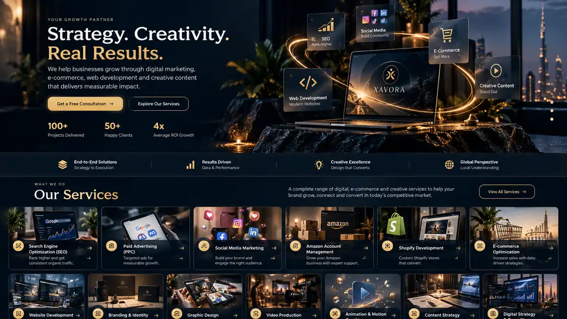 Premium digital workspace with analytics screens and creative tools